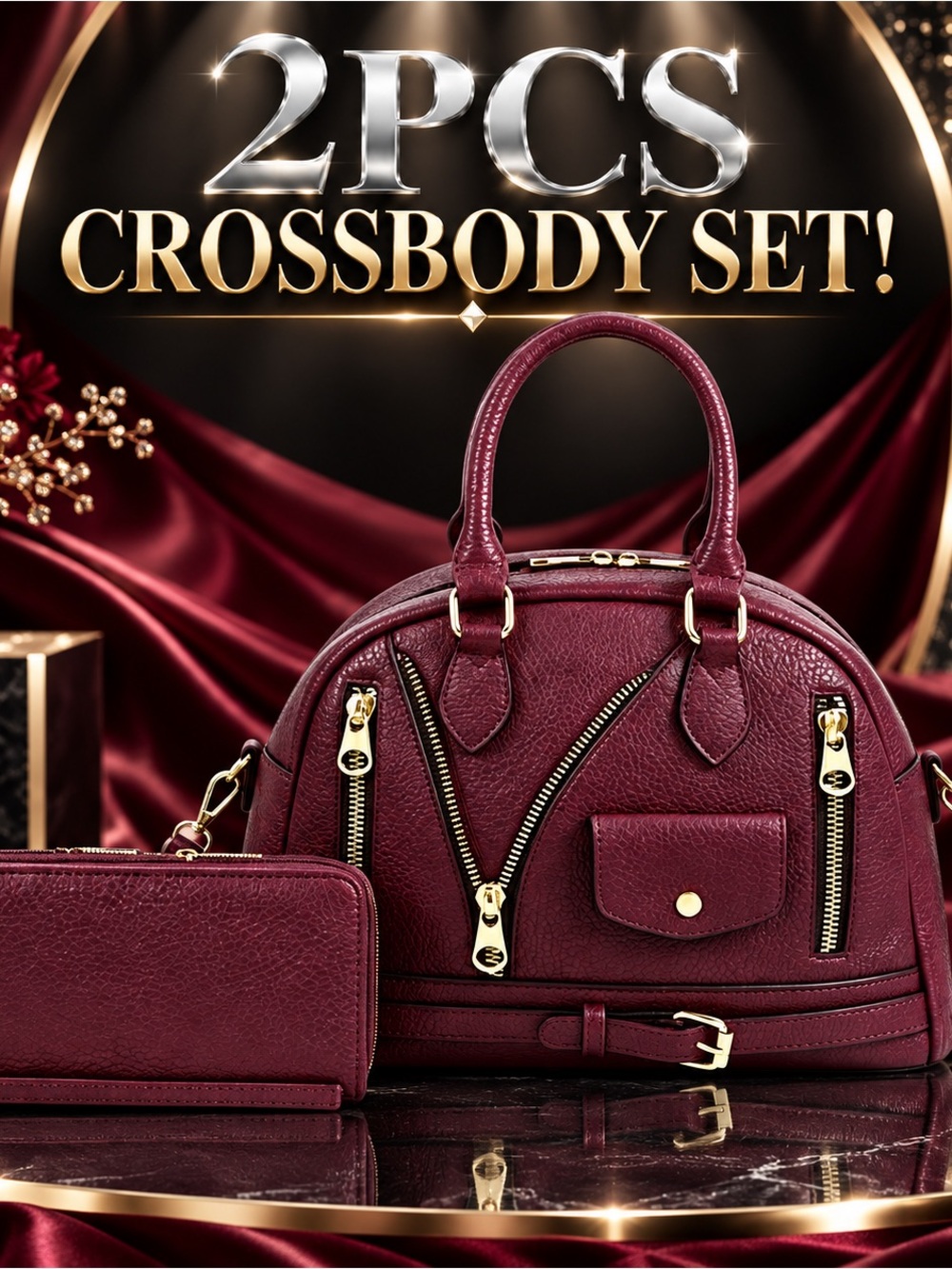 Burgundy Women’s Crossbody Handbag Set with Wallet